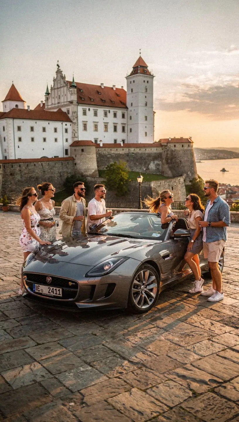 Biely športový automobil zaparkovaný pred historickým hradom.