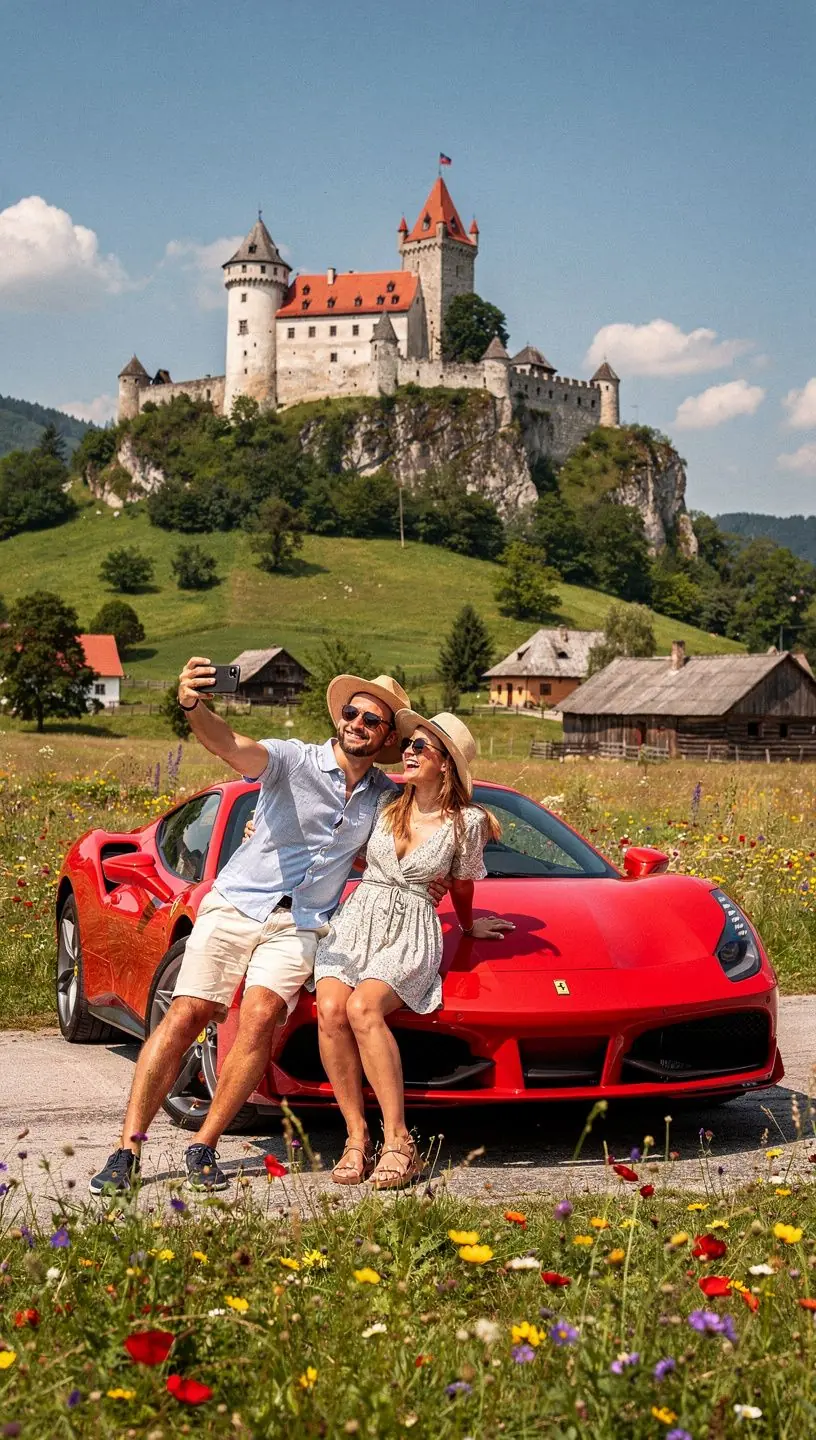 Skupina turistov vystupujúcich z prémiového vozidla pri zámku.