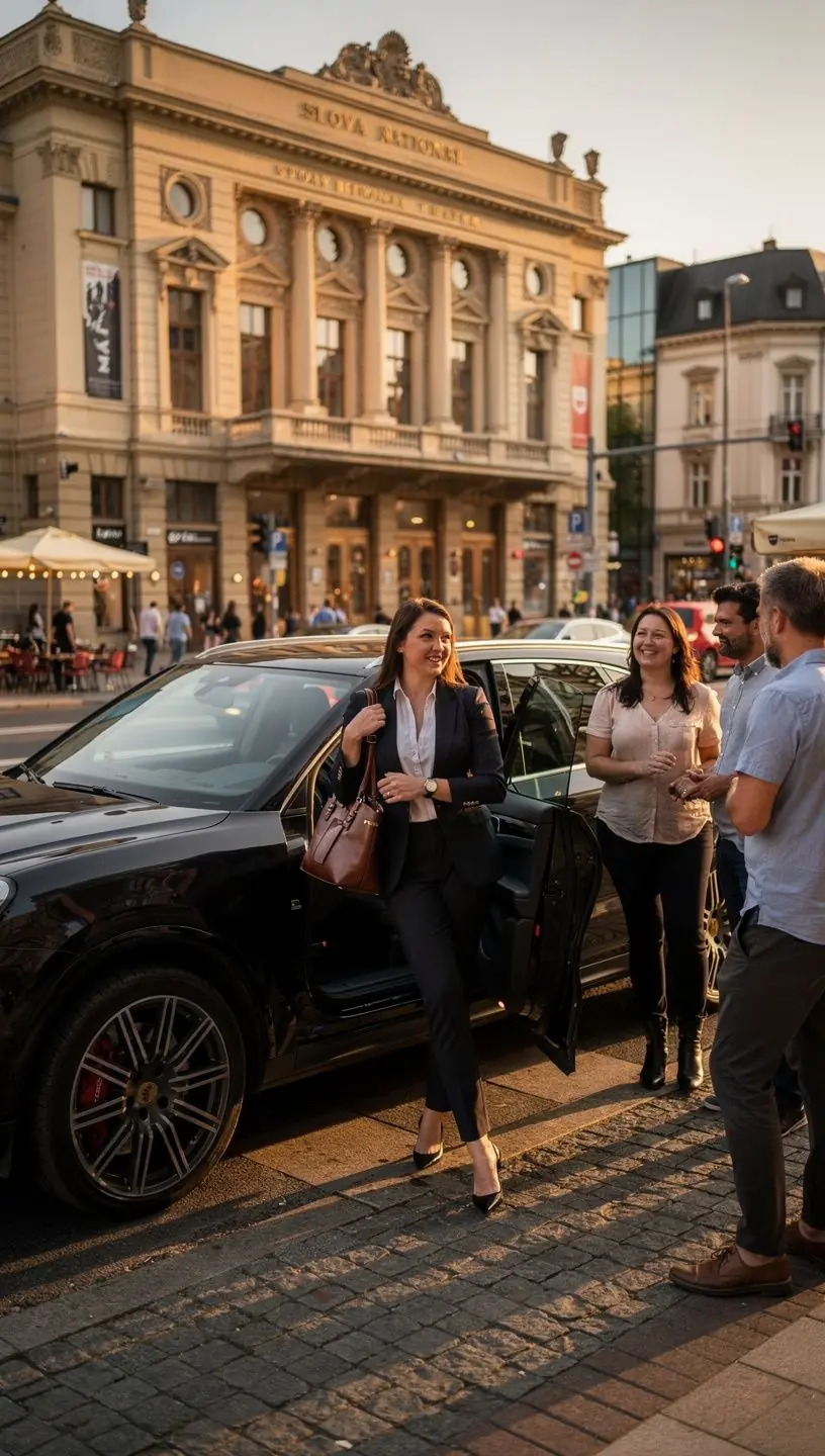 Nočný pohľad na luxusné auto osvetlené mestskými svetlami.