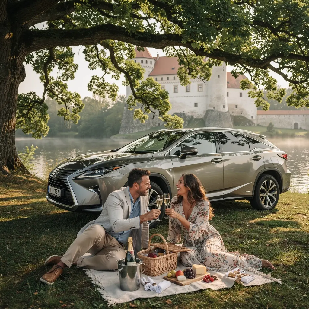 Vozidlo s panoramatickou strechou ponúkajúce výhľad na okolitú krajinu.